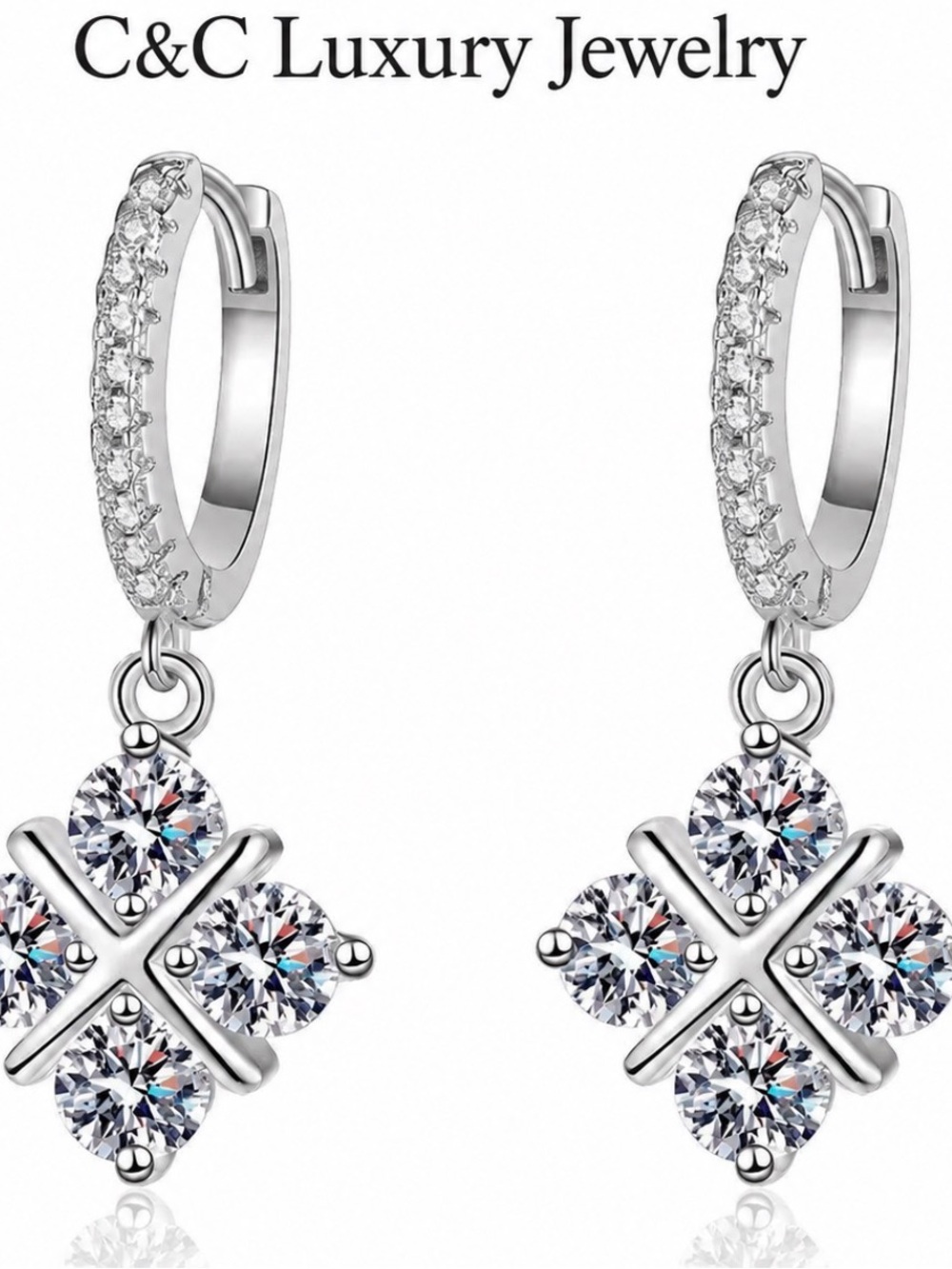 Classic Silver Crystal Clover Drop Earrings - Silver